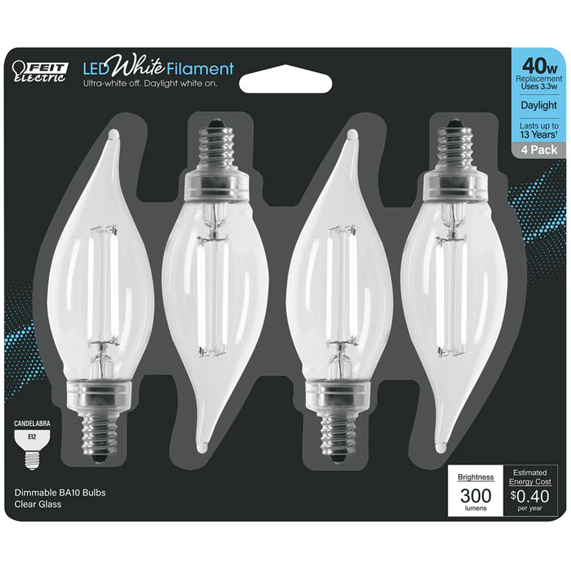 4 Pk. Feit White Filament Candelabra Daylight LED Bulb - 40W