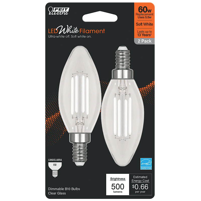 2 Pk. Feit White Filament Candelabra Soft White LED Bulb - 60W
