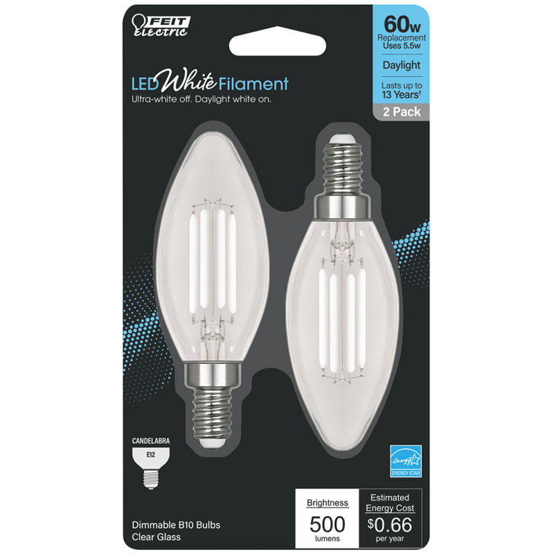 2 Pk. Feit White Filament Candelabra Daylight LED Bulb - 60W