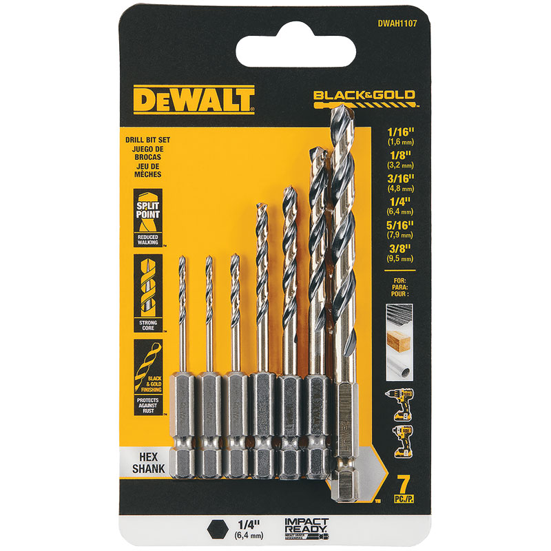 7 Pc. DEWALT® Black & Gold High Speed Steel Impact Ready® Drill Bit Set Hex Shank