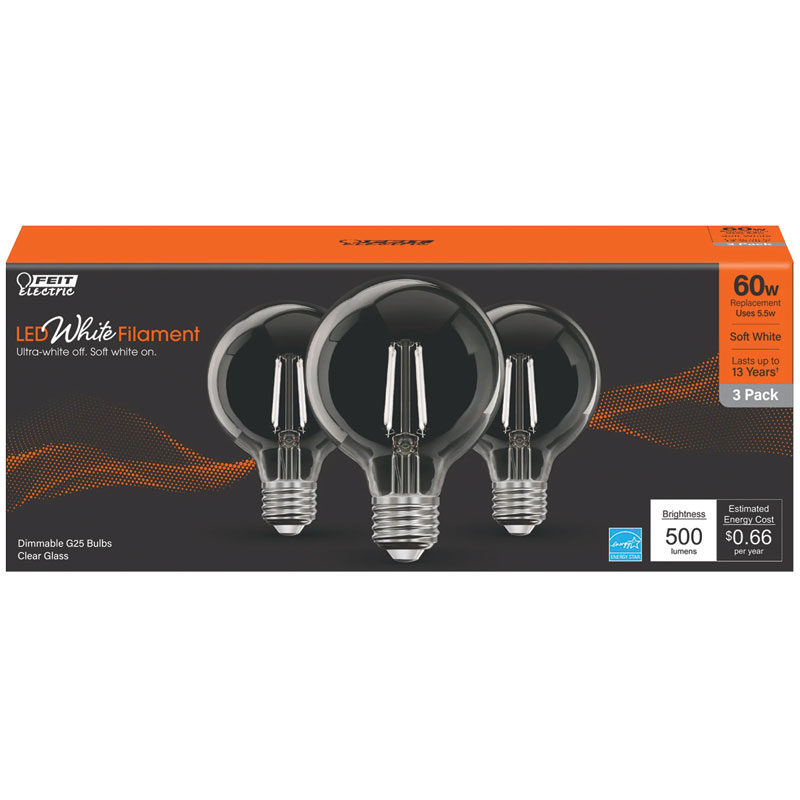 3 Pk. Feit White Filament Soft White LED Light Bulb - 60W